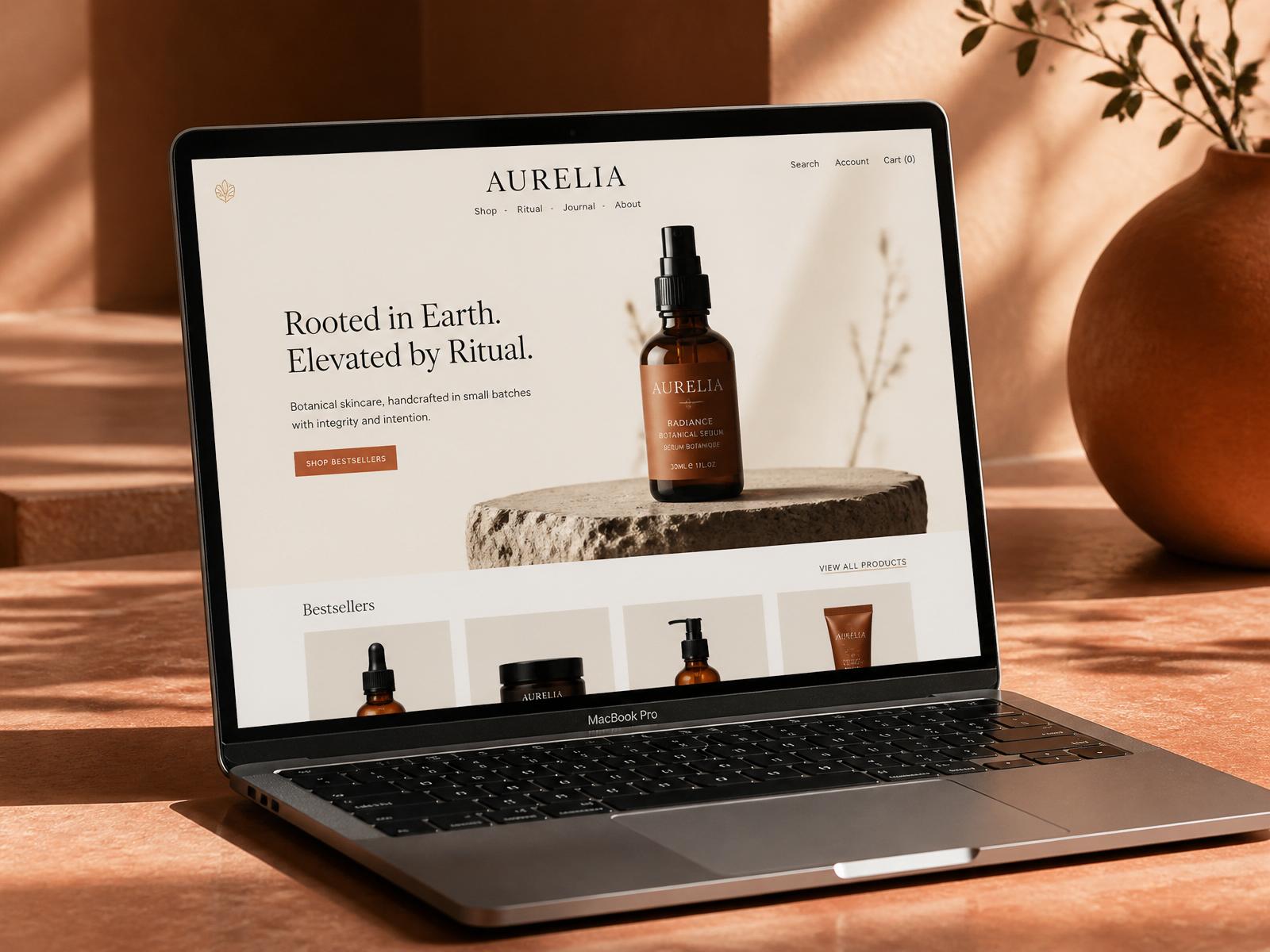 A luxury skincare brand website designed by INDEES, displayed on a MacBook Pro